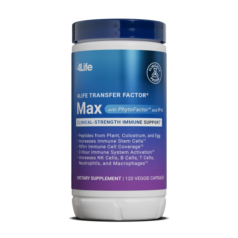4Life Transfer Factor Max bottle — clinical-strength immune peptide supplement with PhytoFactor and IP-6 (Borrowed Immunity featured product)